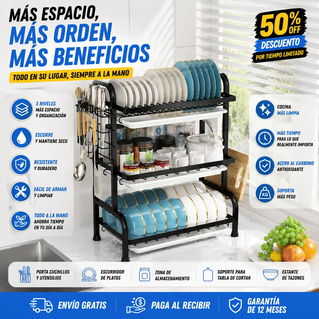 Escurridor de Platos 3 Niveles en Acero Inoxidable ✨
