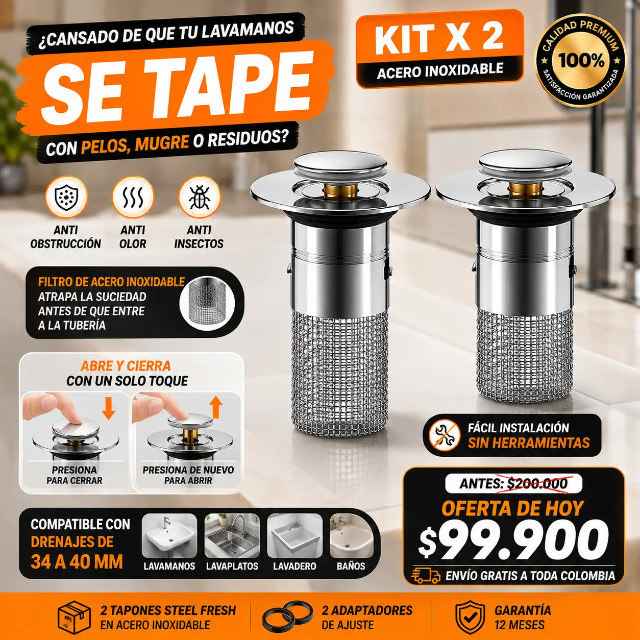 Combo x2 Tapón Filtro Acero Inoxidable DuoBlock Steel®