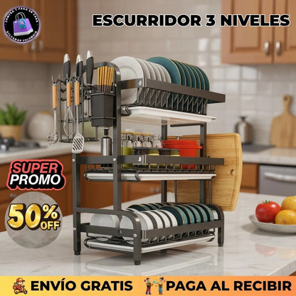 Escurridor Platos 3 Niveles en Acero Inoxidable