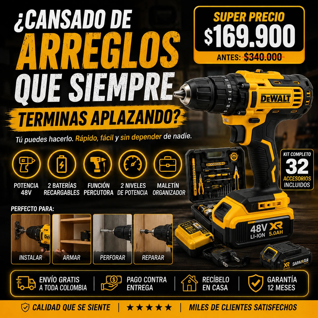 Taladro Percutor DeWALT 2 Baterias 48v Mandril Metálico 3/8" con Pantalla