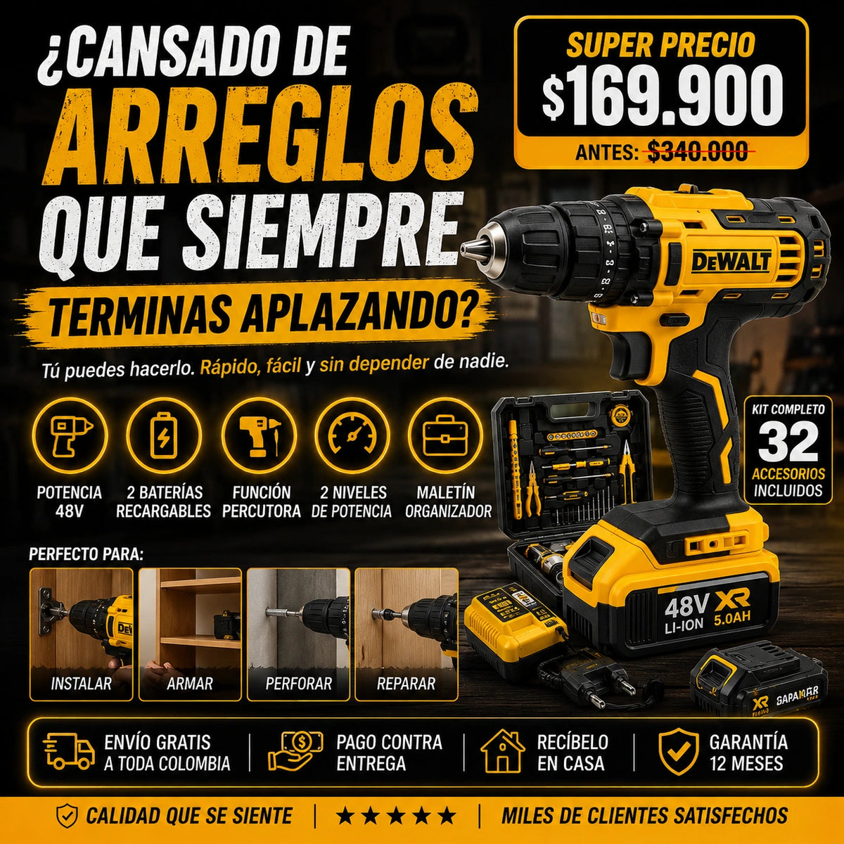 Taladro Percutor DeWALT 2 Baterias 48v
