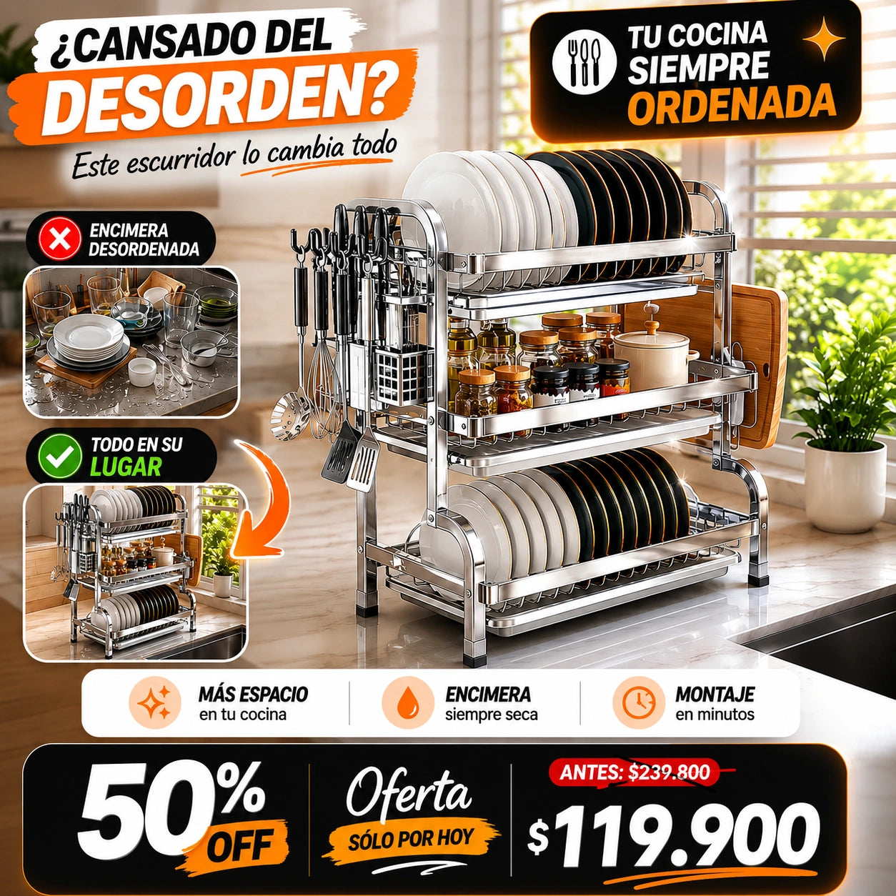 Escurridor de Platos 3 Niveles en Acero Inoxidable ✨