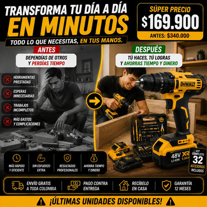 Taladro Percutor DeWALT 2 Baterias 48v Mandril Metálico 3/8" con Pantalla