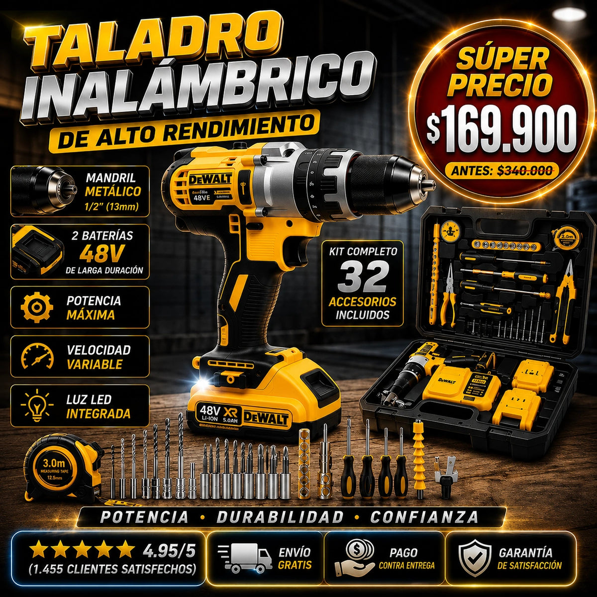 Taladro Percutor DeWALT 2 Baterias 48v