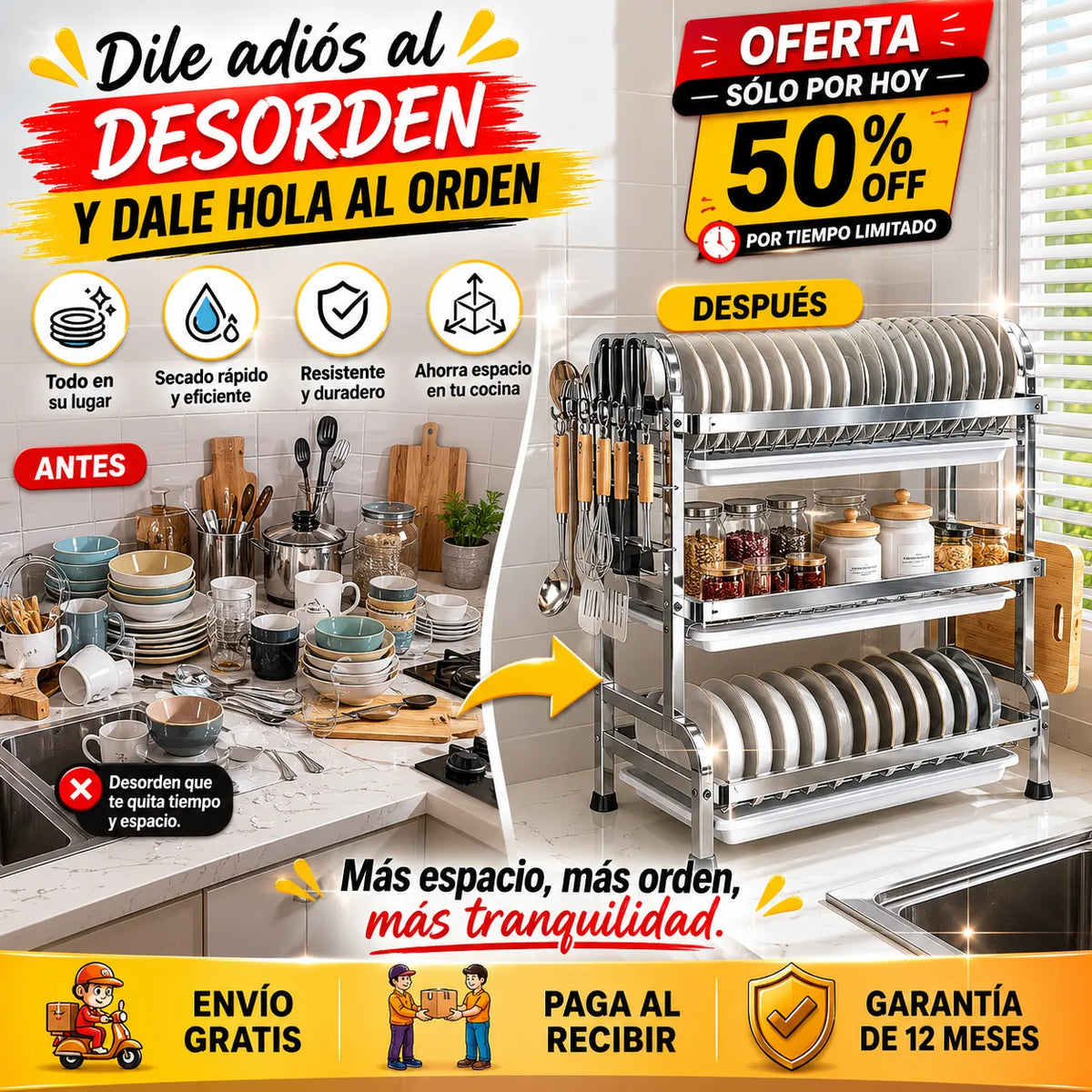 Escurridor de Platos 3 Niveles en Acero Inoxidable ✨
