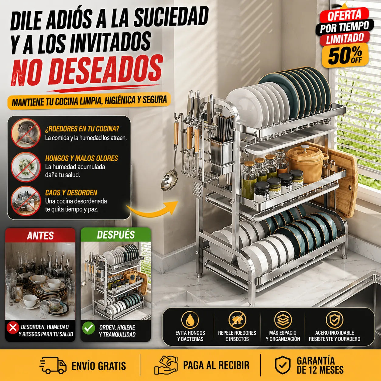 Escurridor de Platos 3 Niveles en Acero Inoxidable ✨