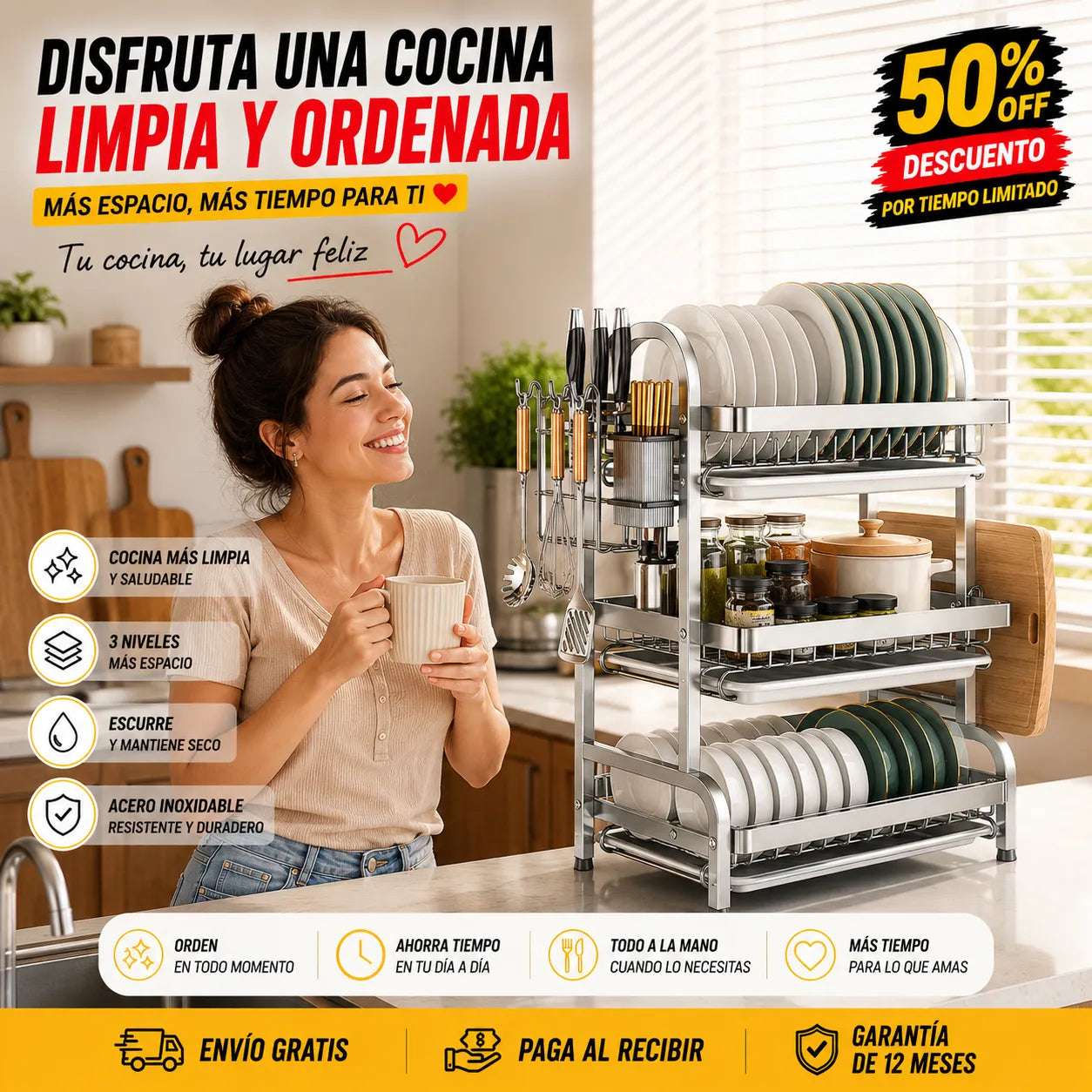 Escurridor de Platos 3 Niveles en Acero Inoxidable ✨