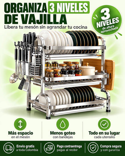 Escurridor de Platos 3 Niveles en Acero Inoxidable ✨