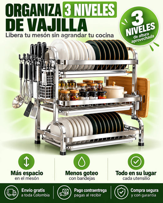 Escurridor de Platos 3 Niveles en Acero Inoxidable ✨