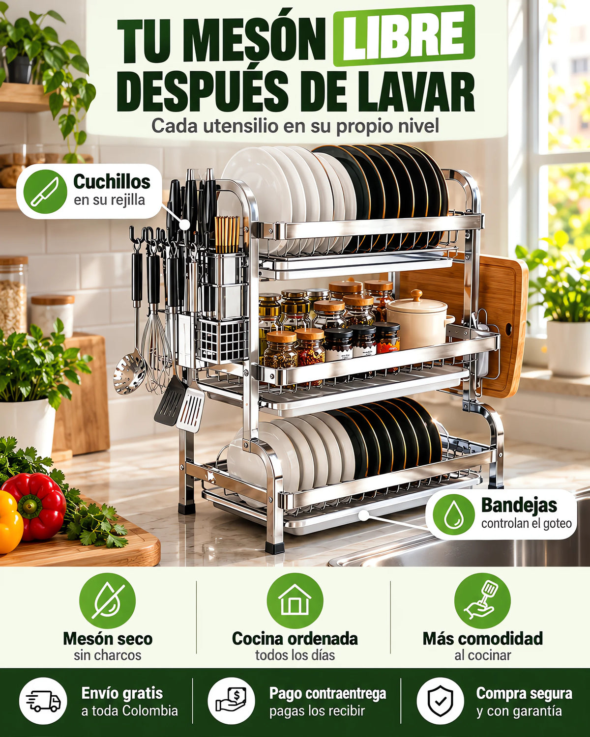 Escurridor de Platos 3 Niveles en Acero Inoxidable ✨