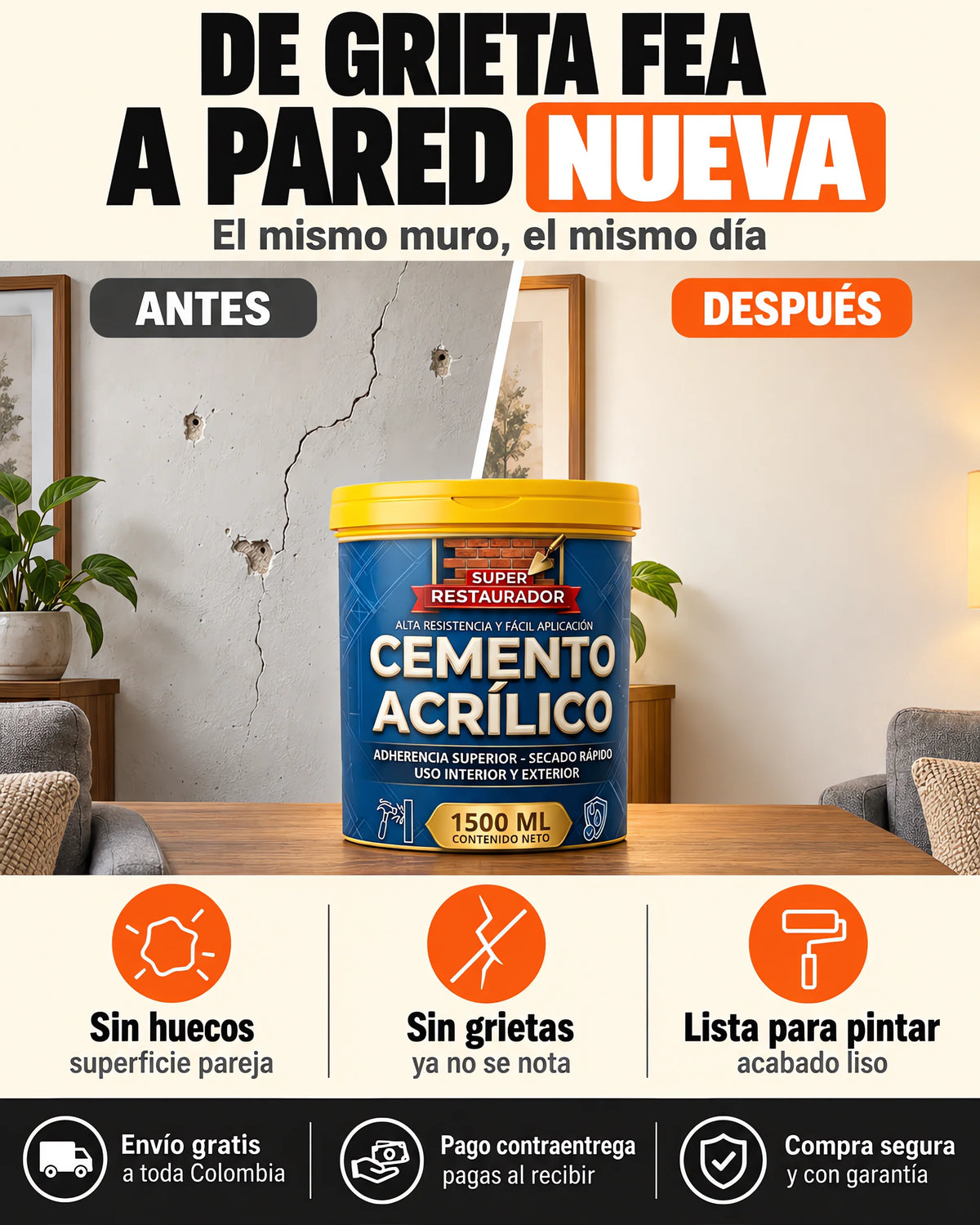 2x1 Cemento Acrílico Repara Huecos y Grietas