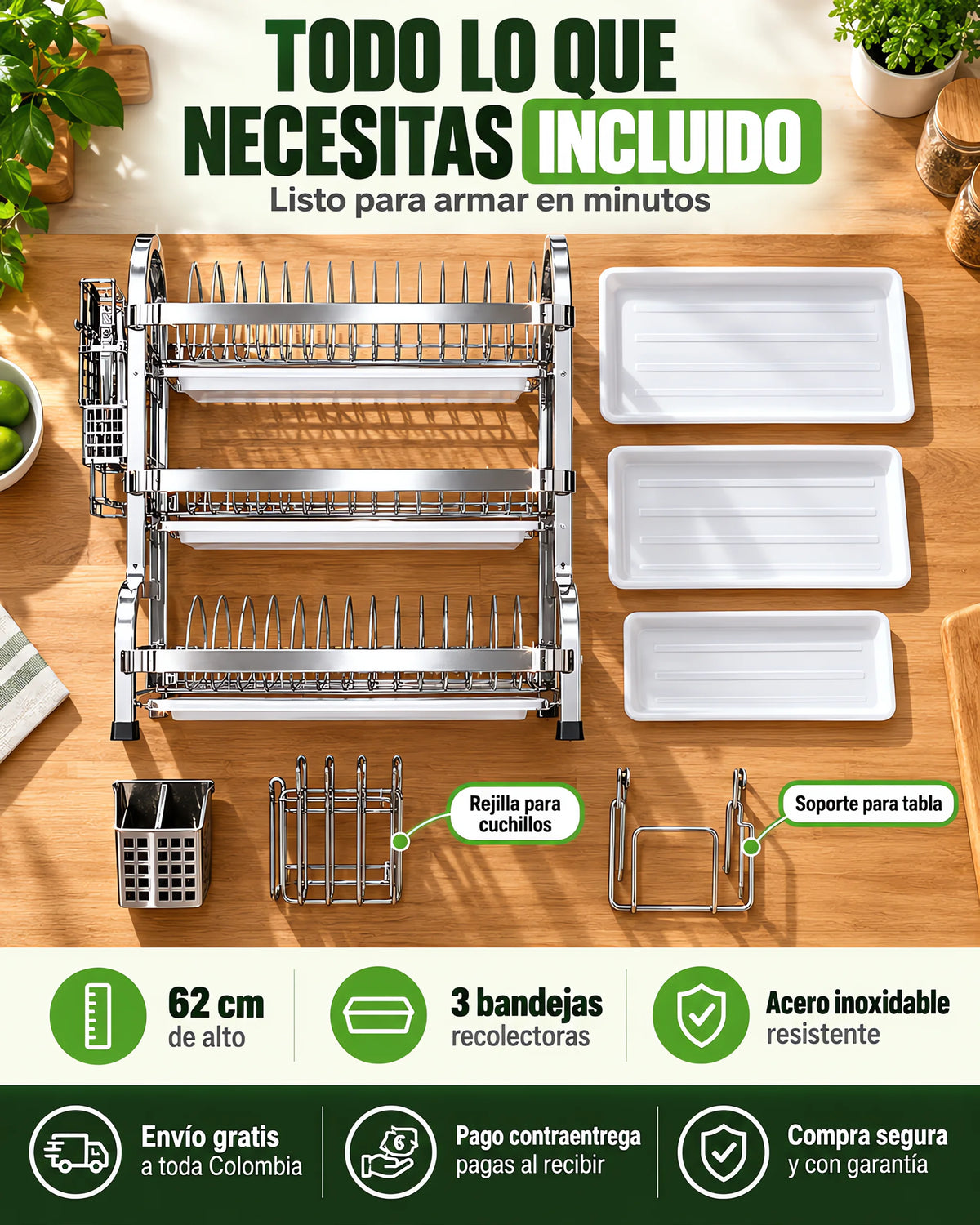 Escurridor de Platos 3 Niveles en Acero Inoxidable ✨