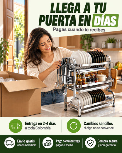Escurridor de Platos 3 Niveles en Acero Inoxidable ✨
